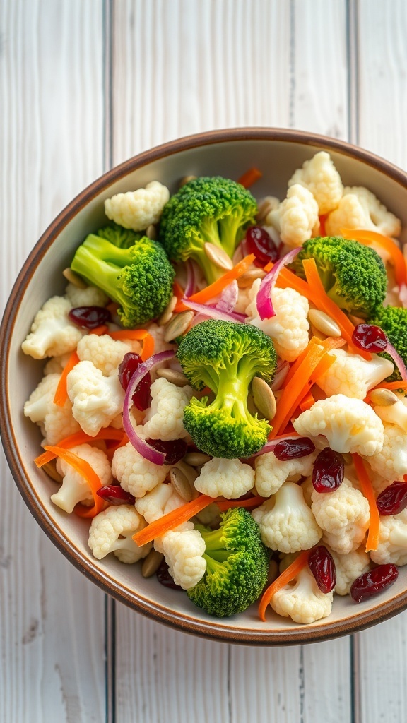 A colorful cauliflower and broccoli salad with carrots, red onion, and creamy dressing, garnished with seeds and cranberries.